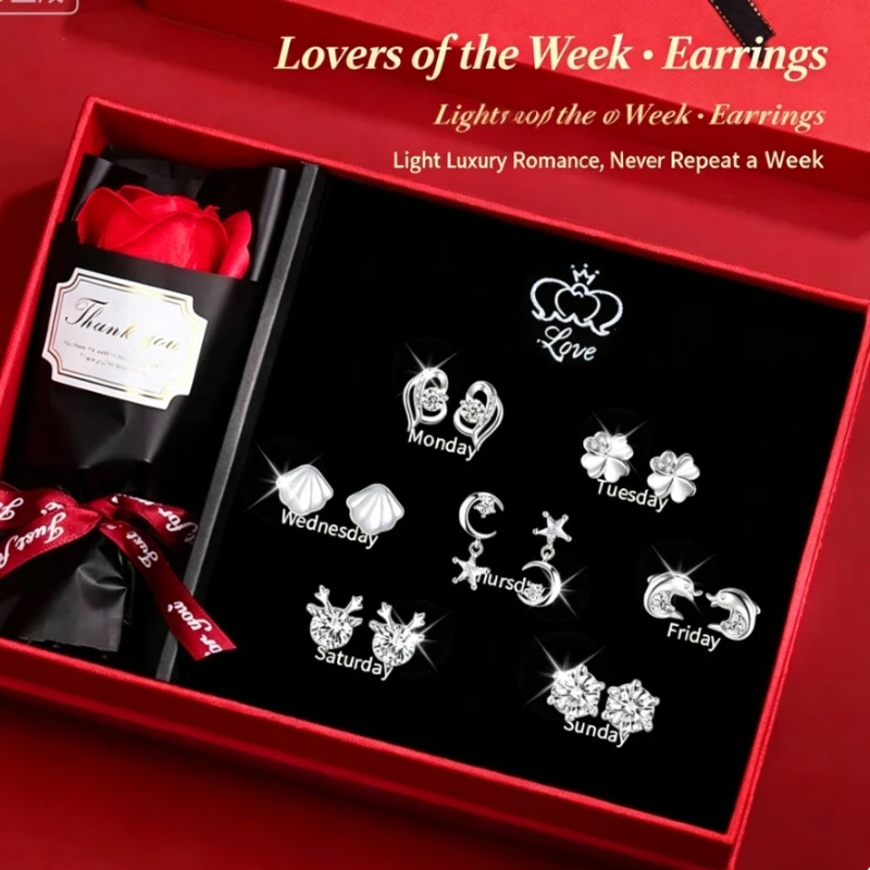 Earrings 925 sterling silver one week earring set, light luxury and high-end earrings, birthday and Valentine's Day gift for gir