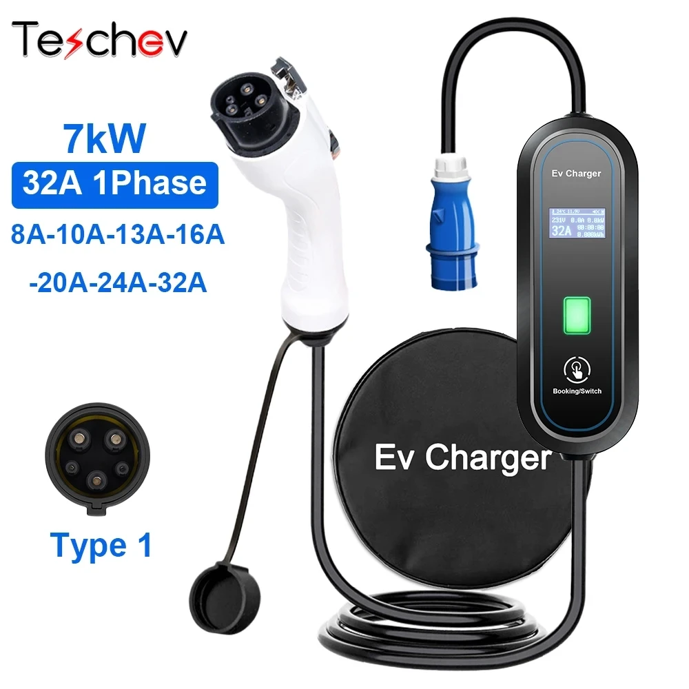 Teschev Portable EV Charger Type2 32A 7KW EVSE Adjustable Current Type1 Wallbox Fast Charging GBT Cord Charging Station