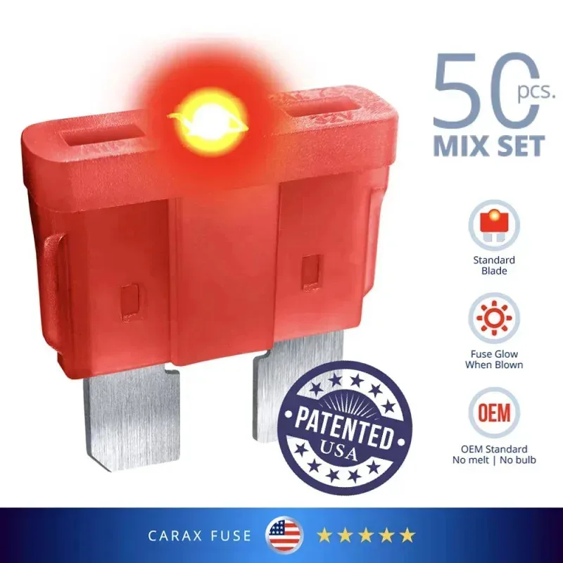 RPD4-CARAX Glow Fuse/Regular Blade ATC/ATO/ATS–50 pcs.Assortment Kit–Glow When Blown LED Automotive Fuse–Smart Auto Glow Fuse$X