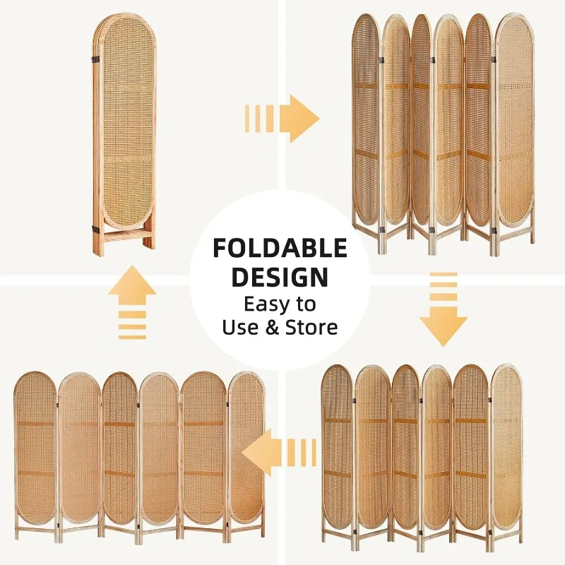 6 Panels Room Divider, Foldable Wooden Room Divider, Individual Privacy Screen Made of Hand-Woven Rattan, Portable Wall Divider