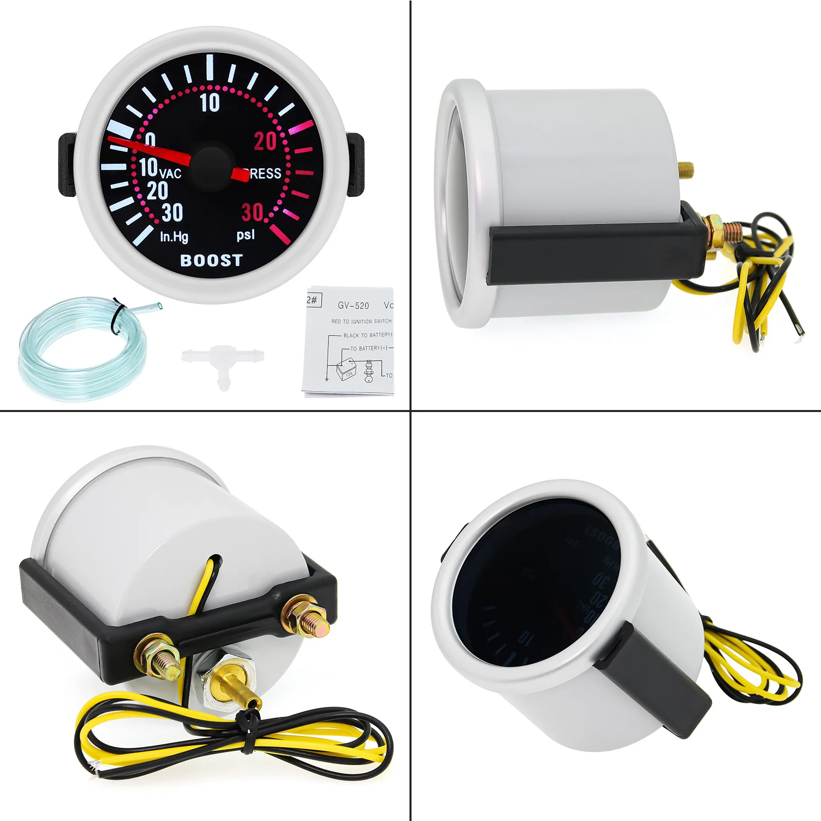 Jauge Universelle de Boost Turbo pour Voiture, 2 Pouces, 52mm, 12V, LED, struction ée, Len -1 ~ 0 ~ 2Bar, Compteur avec Rétroéclairage LED Blanc
