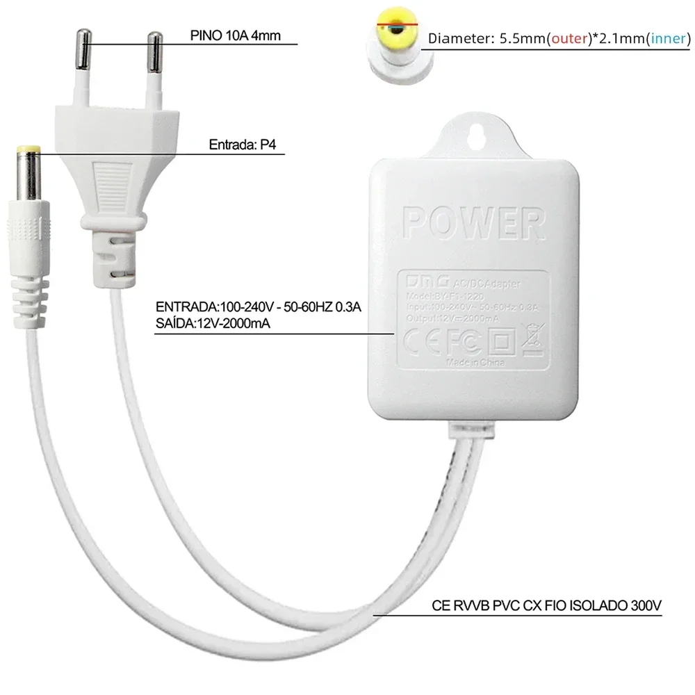 Fonte de alimentação 12V 2A Adaptador de energia à prova d'água Conversor CA-CC Transformador de 100-220V a 12Volts 2 Amp Plugue 5,5x2,1mm para câmera CCTV