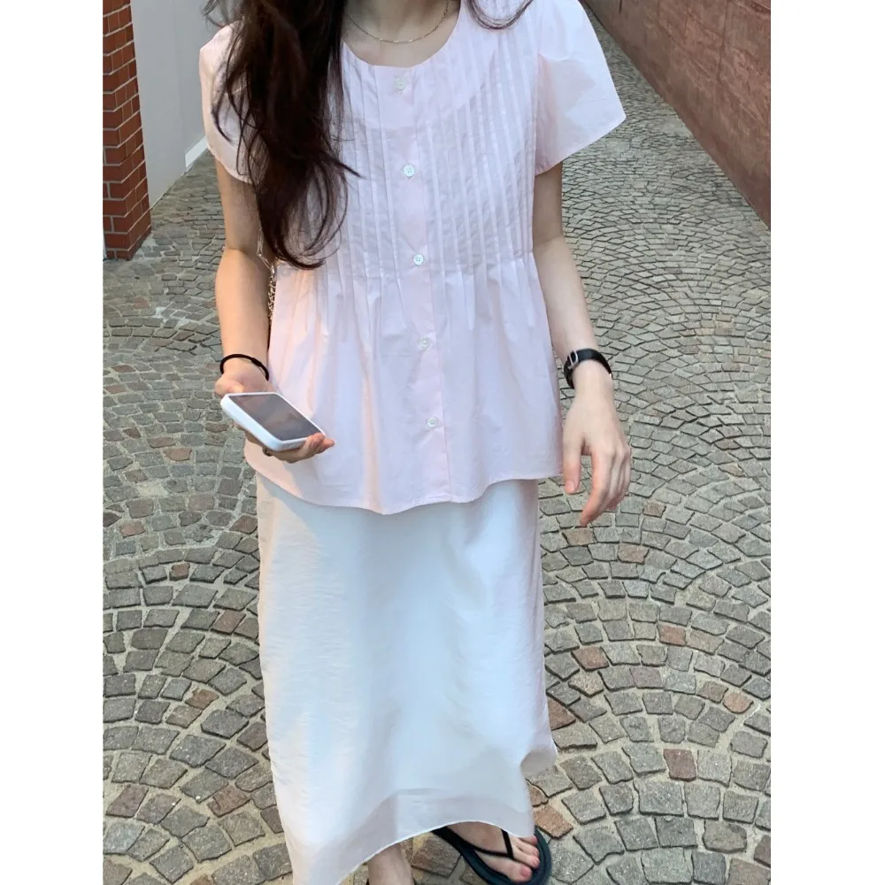 2026 Summer New Fashion Three-Color Korean Style Handmade Pleated Short Sleeve Shirt Cardigan Women's Loose Fit round Neck Bu...