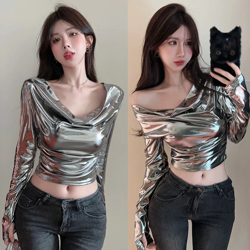 Women Sexy Autumn Vintage Glossy Swing Neck Slim Crop Top Long Sleeve T-Shirt Top Silver