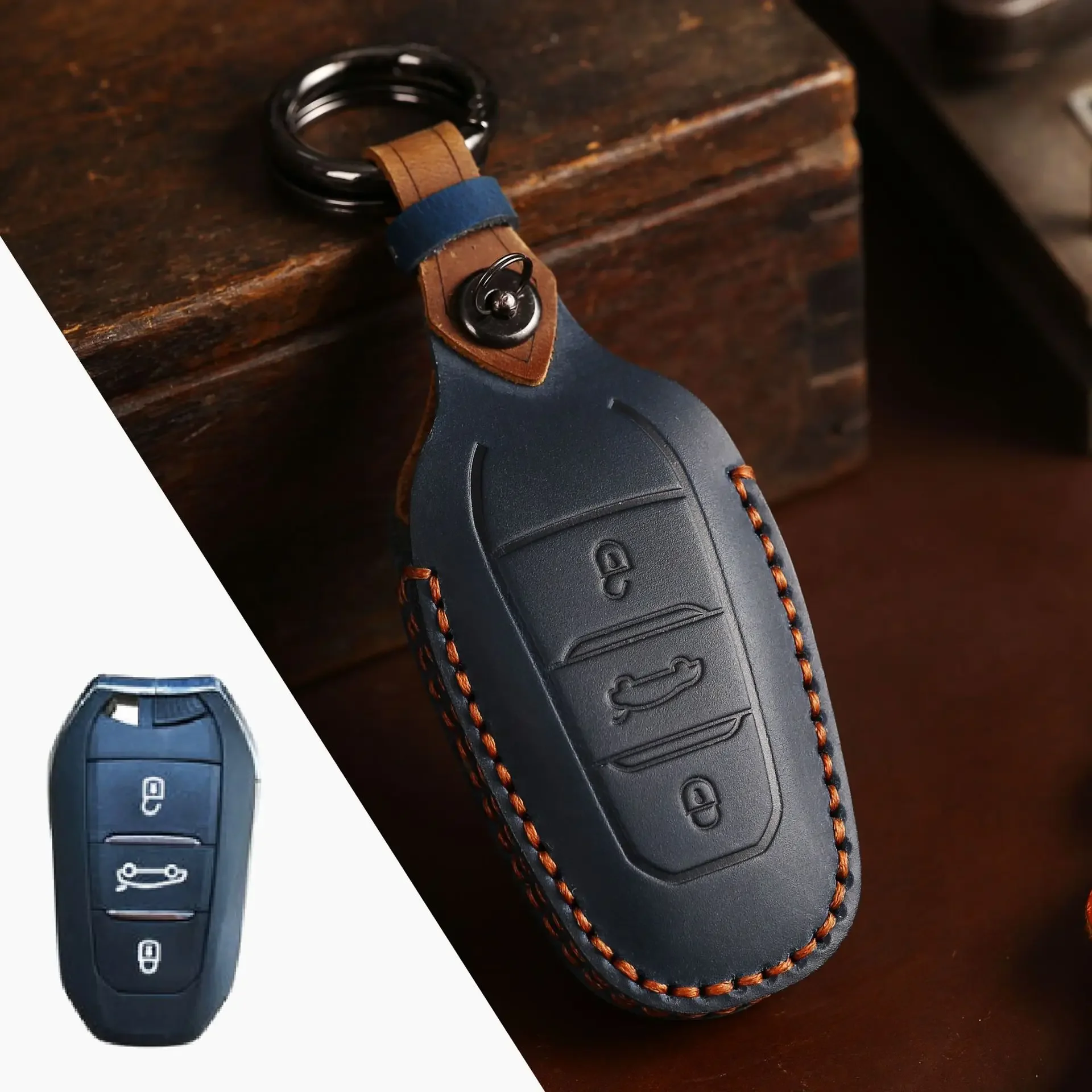 

Hand-stitched Full Grain Leather Key Case for Peugeot 308 408 508, Anti-Scratch Key Fob Cover with Keyring for Citroen C4 C4L C6