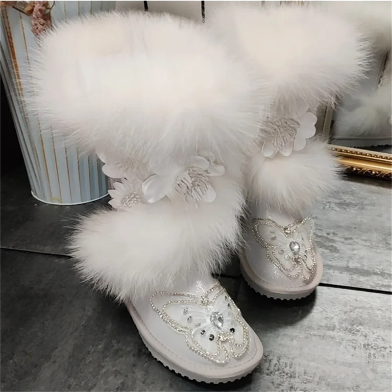 Large fox hair high tube thick warm snow boots handmade custom fur one white diamond women's cotton shoes 35-40