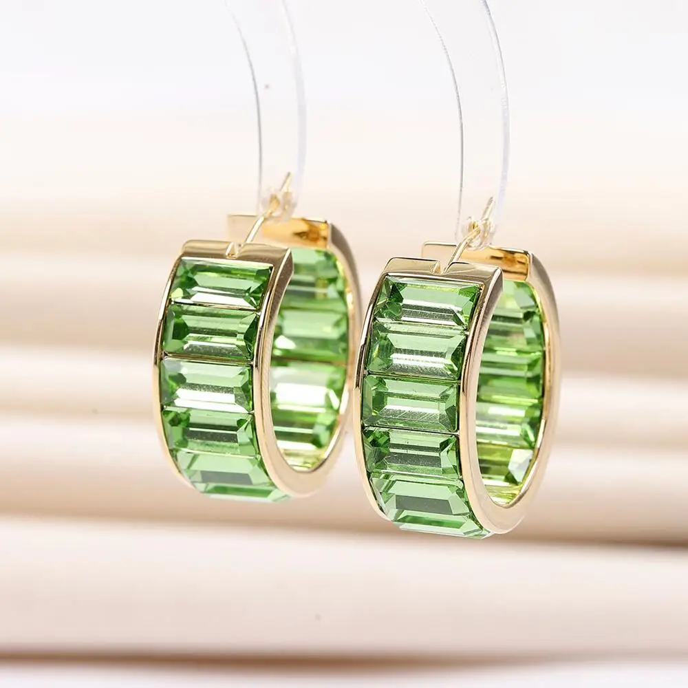 SENYU Fashion Rectangular Crystal CZ Hoop Earrings Green Cubic Zirconia Full paved Anniversary Gift Exquisite Jewelry