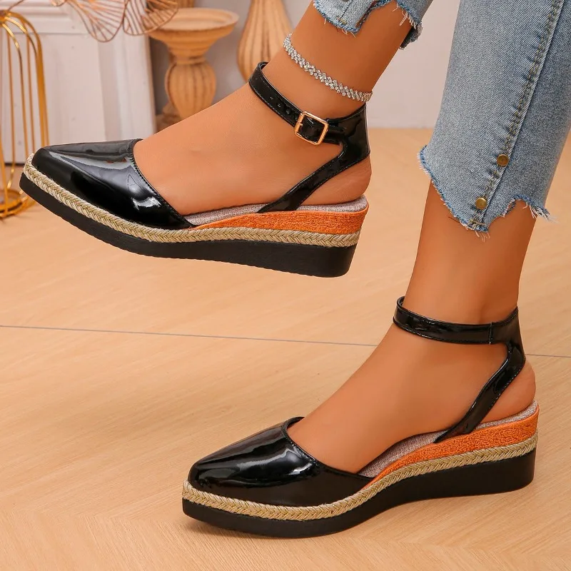 

Platform Wedge Sandals Women's New National Style Summer High-end Sense Straw Sole High-heeled Silver Buckle Baotou Roman Shoes