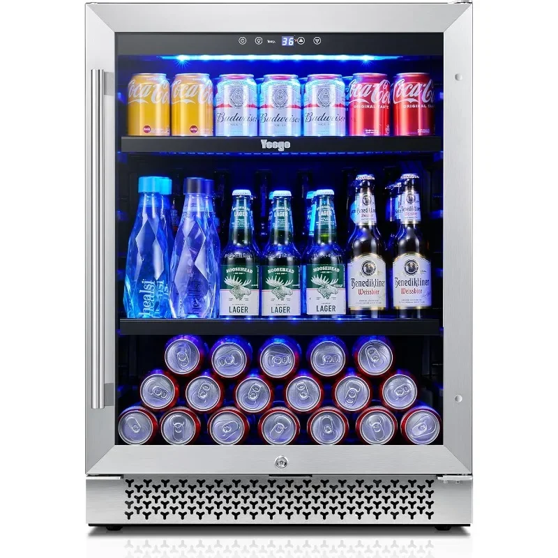 Yeego Beverage Refrigerator & Drink Fridge - 24 inch 180 Cans Beer Cooler Glass Door with Lock, Reversible Door Under Counter