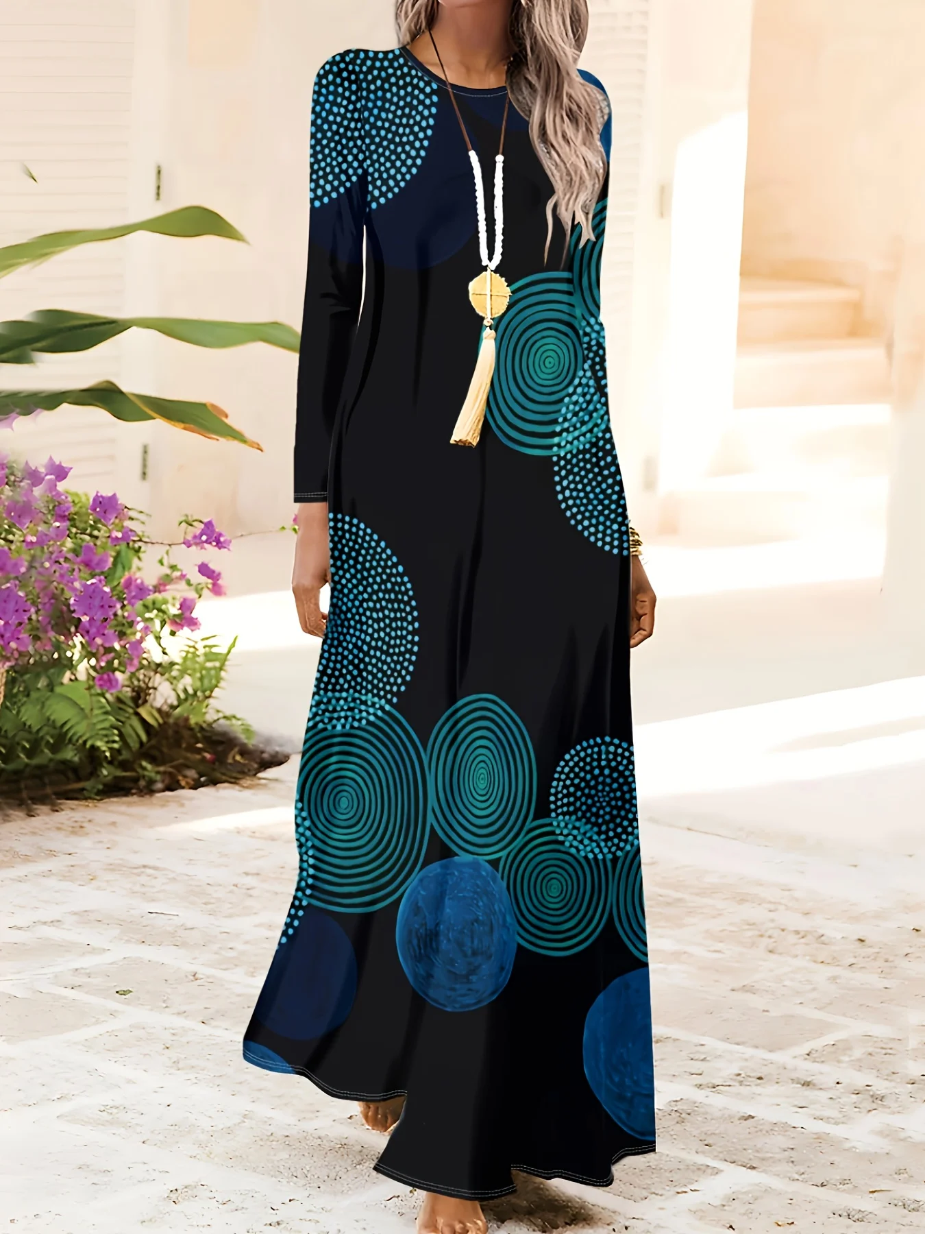 Damen-Kleid mit langen Ärmeln und Rundhalsausschnitt, Urlaubsstil, blau, geometrischer Druck, A-Linie, Midikleid, Sommer, lässig, Bürokleidung, Frühling