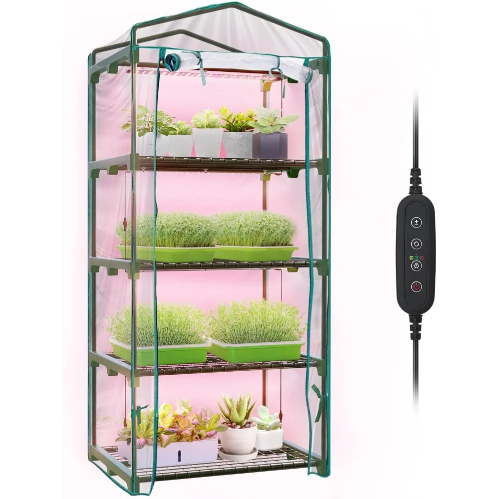 

Indoor Greenhouse with Grow Lights, 4 Tier Mini Greenhouse with Zippered PVC Cover, Dimmable 2FT 60W Plant Light, Free Shipping