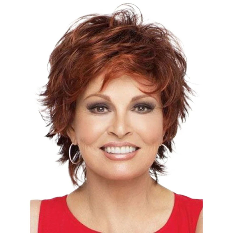 

Short Hair Synthetic Wig for White Women Dark Brown Mixed Blonde Pixie Cut Wig with Bangs Brown with Highlights Wavy