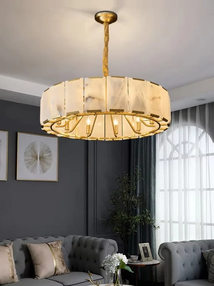

2024 round Natural Marble Ceiling Chandelier - Luxury Hanging Lamp Suspension Lustre for Living Room Lighting Design