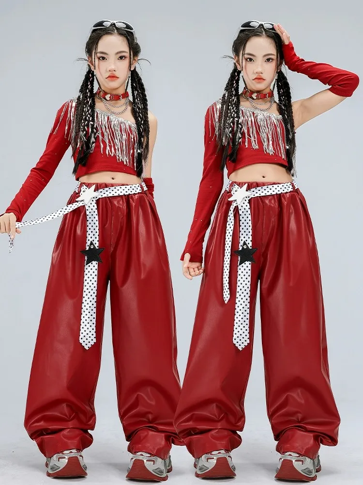 

Красный кожаный комплект для танцев: костюм для уличных танцев, джаза и восточных танцев для девочек, модный наряд для выступлений, детский.