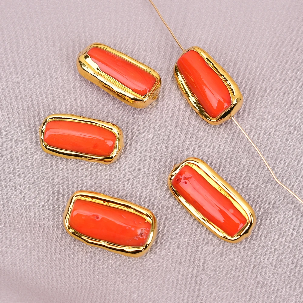 APDGG Wholesale 5 Pcs Orange Coral Gold Plated Edged Tube Shape Women Accessory Findings DIY
