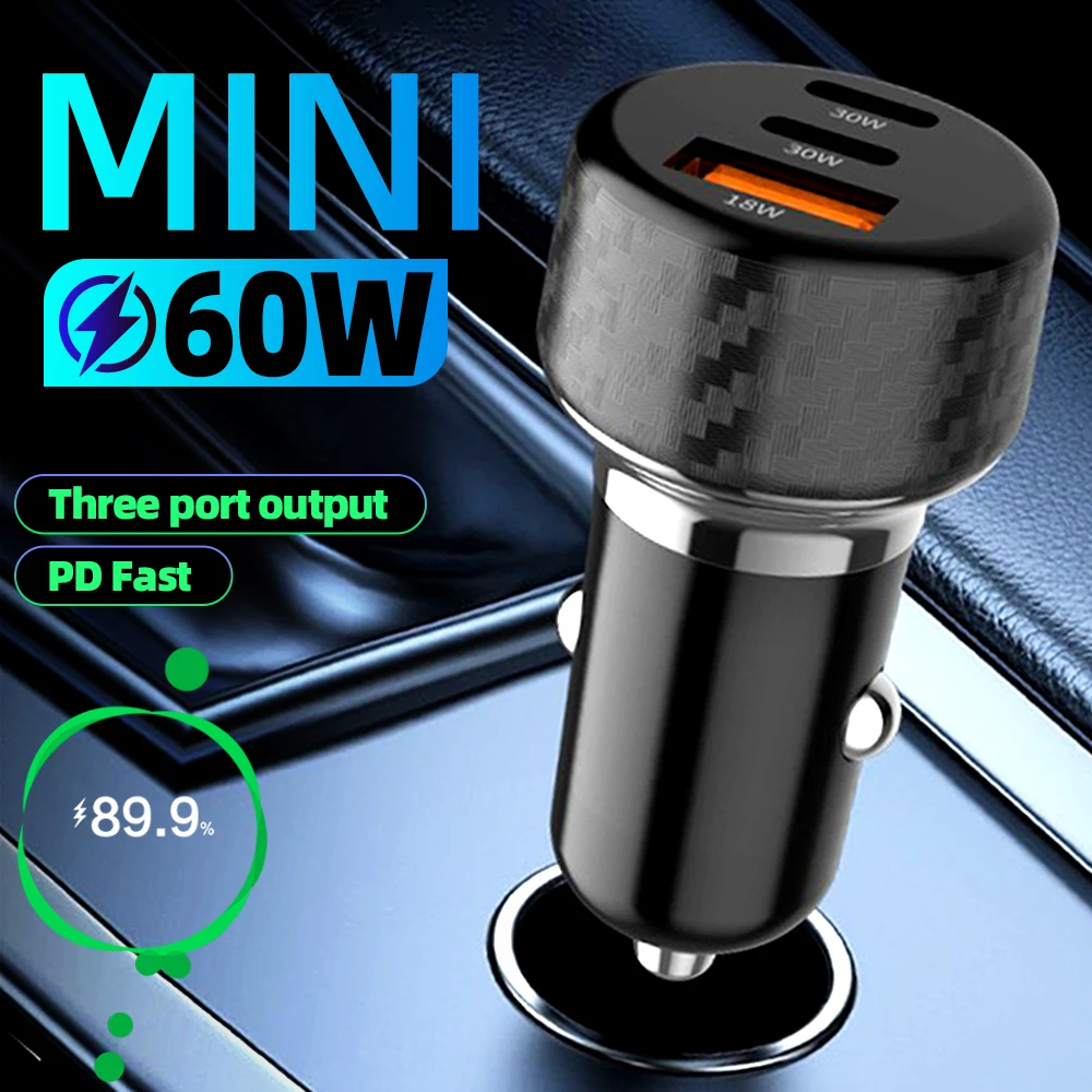 New Car Charger QC3.0 USB Port 3 in 1 Socket Mini Cigarette Lighter Quick Charge Suitable for 12V-24V Car Phone Charging Adapter 