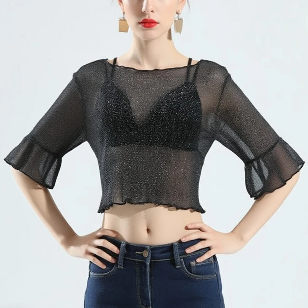 

Mesh Shiny Bling Bling T Shirt Women Clothing Transparent Club Party Flare Sleeve Mini Tee Shirts Girl Thin Crops Tops Clothes