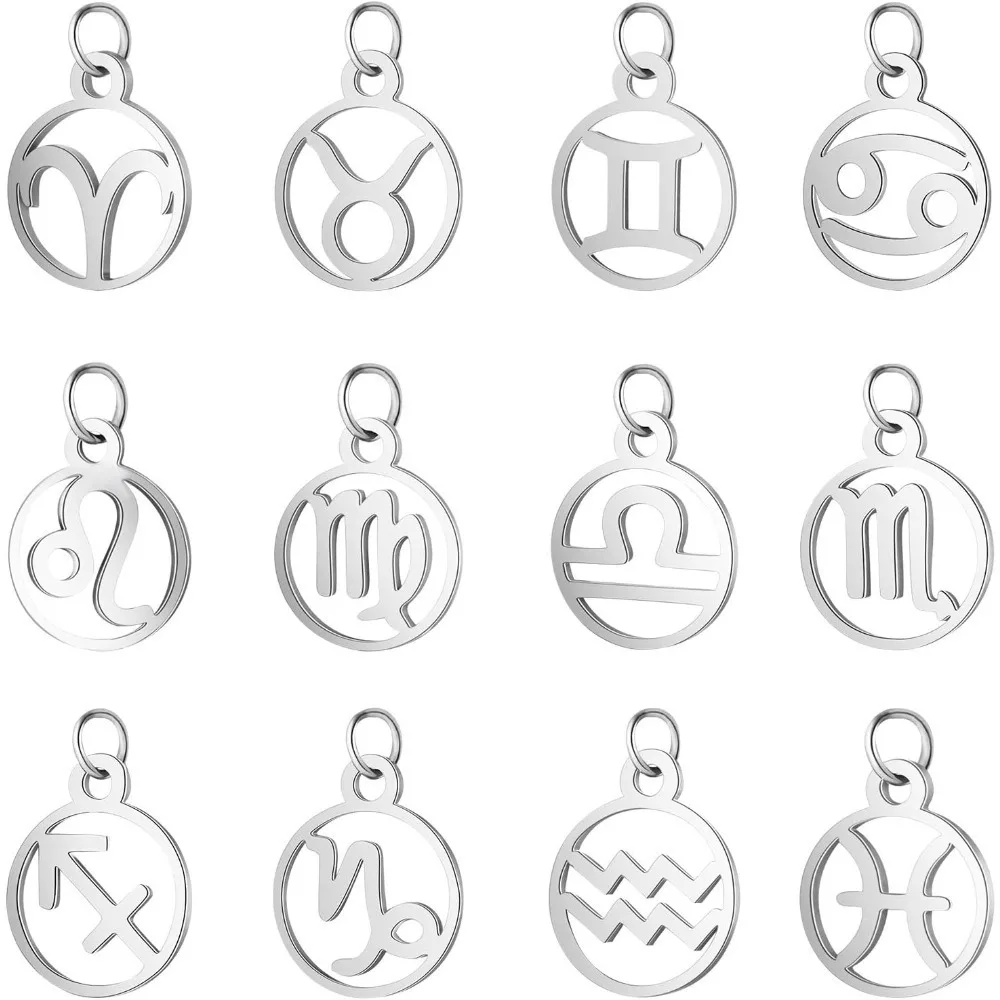 

Stainless Steel 12 Constellations Charm Zodiac Sign Pendants Charms en Flat Round with Constellation Pendant for DIY