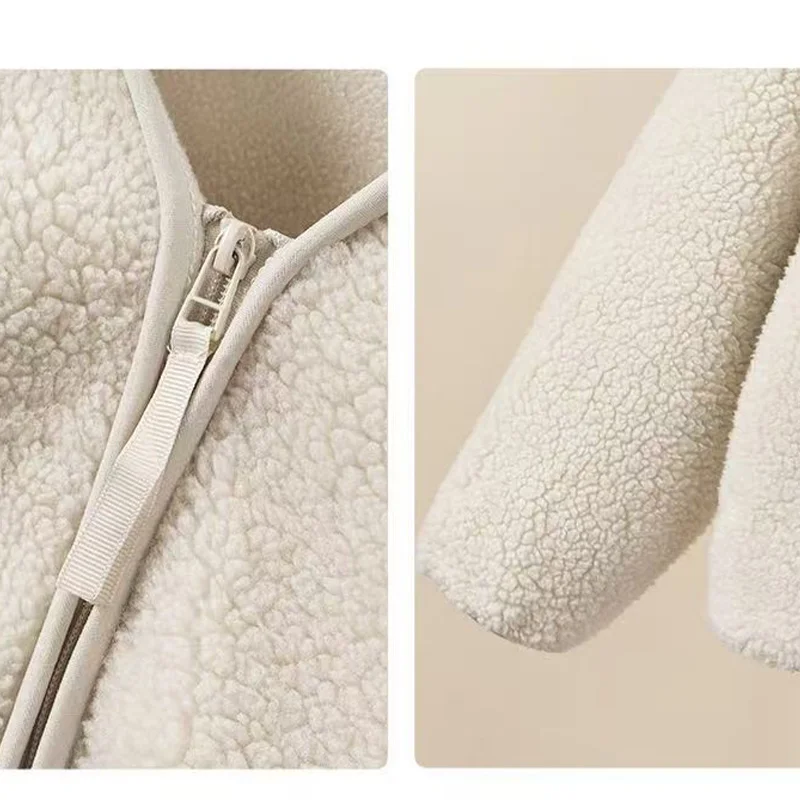 

Japanese-style Street Fashion Women Warm Plush Loose V-neck Korean-style Warmth Outerwear Casual Long Sleeve Zipper Closure Coat