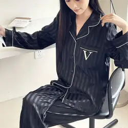 Black Striped 2Pcs Shirt&pants Long Sleeve Homewear Women Loose Nightwear Luxury Ice Silk Pajamas Suit for Female Loungewear