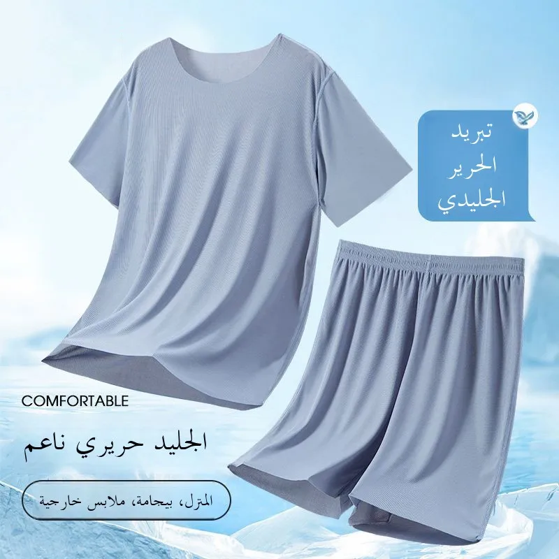 Ice Silk Sleepwear Set round Neck Short Sleeve Casual Lightweight Men's Home Clothes Comfortable Underwear for Youth in Summer