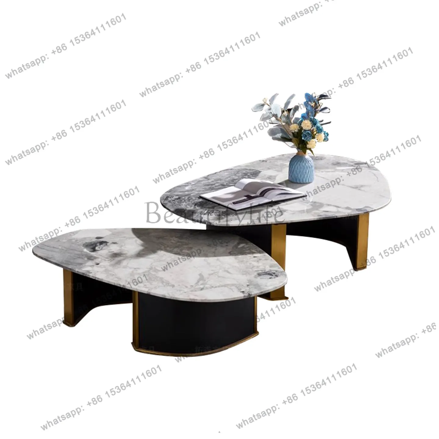 

Designer Italian light luxury natural marble coffee table high and low combination modern minimalist special-shaped tea table