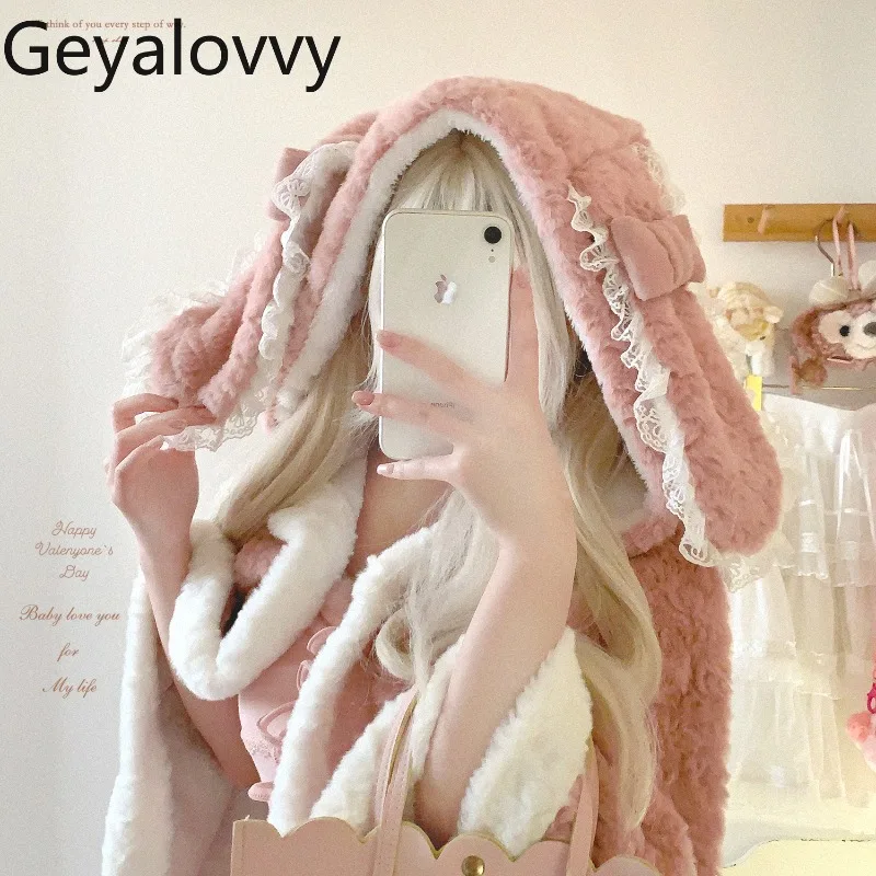 

Winter Retro Sweet Cute Girls Fluffy Rabbit Ear Hooded Shawl Coat with Bow Lace Decoration Versatile Loose Short Cape Cloak