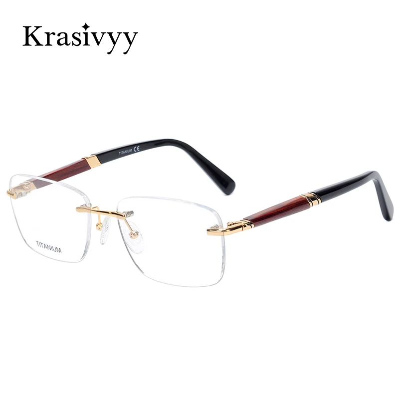 Krasivyy Rimless Wooden Glasses Frame Men Light Weight Optical  Eyeglasses Frame Prescription Myopia spectacles Titanium