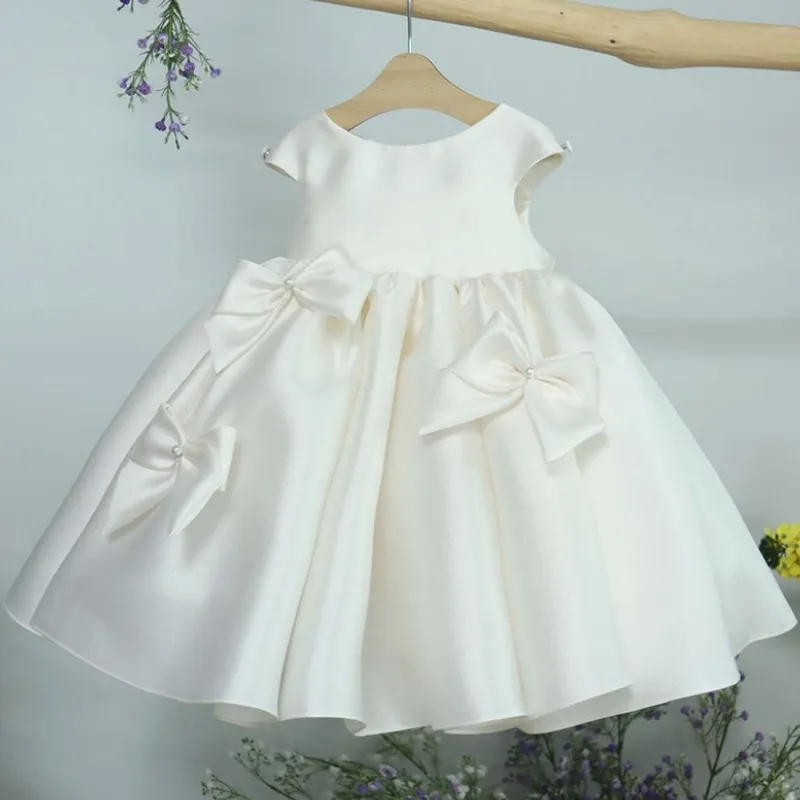 Baby Girl Princess Bow Silk Dress Infant Toddler Child Elegant Pearl Ruffled Vestido Party Pageant Birthday Baby Clothes 1-14Y