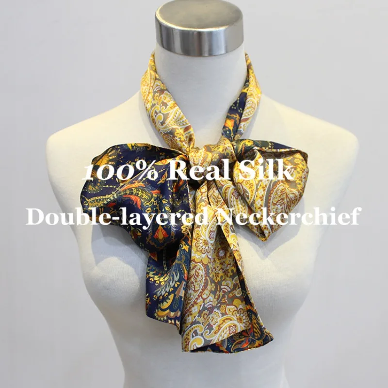 

100% Real Silk Neckerchief 150x16cm Elegant Double Layer Narrow Long Neck Scarf Luxury Foulard Women Hairband Ribbon Accessories