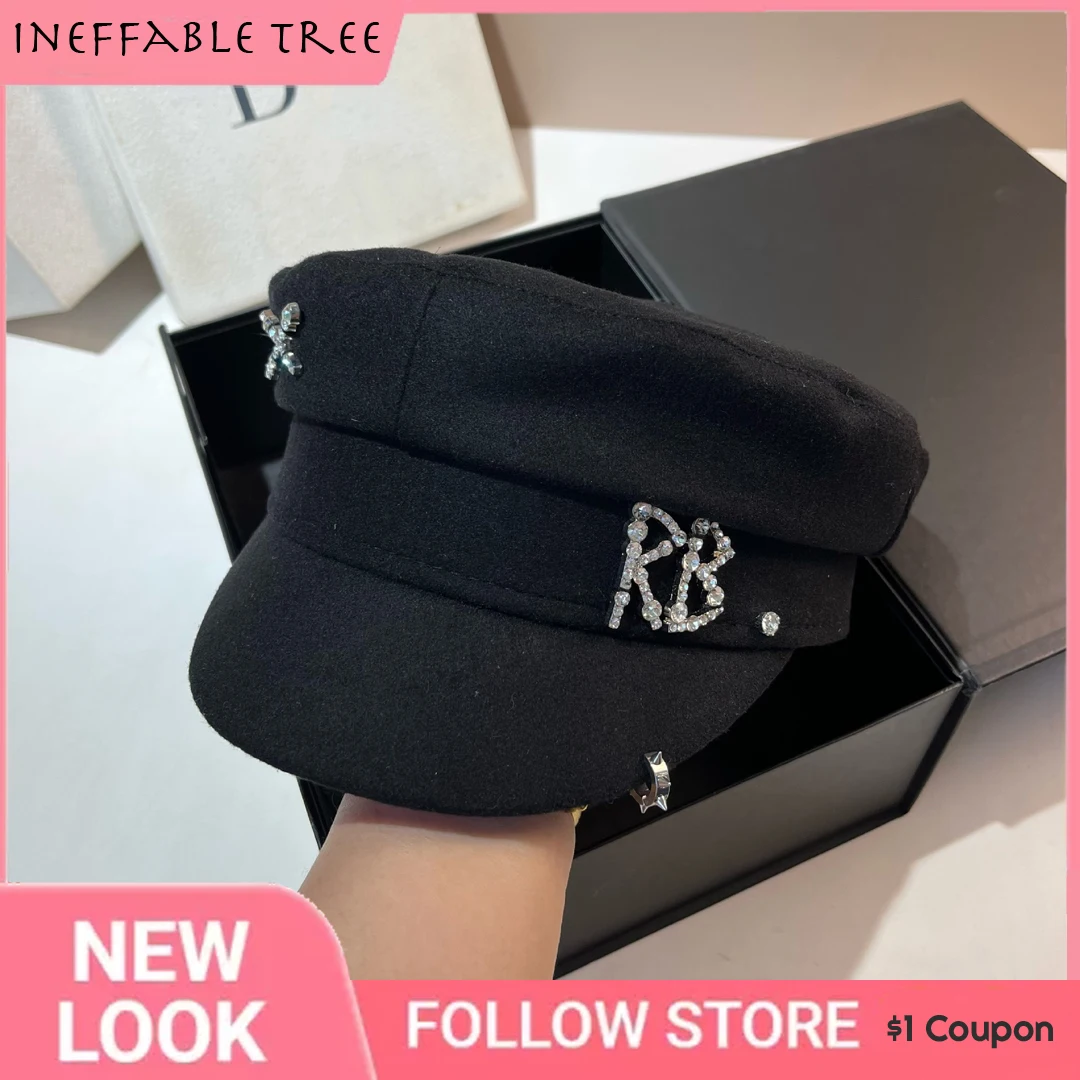 Designer Brand Wool Blend Newsboy Caps Women Diamond Letter Flat Top Cap Black Militray Hat Streetwear Navy Hat Boina Hombre