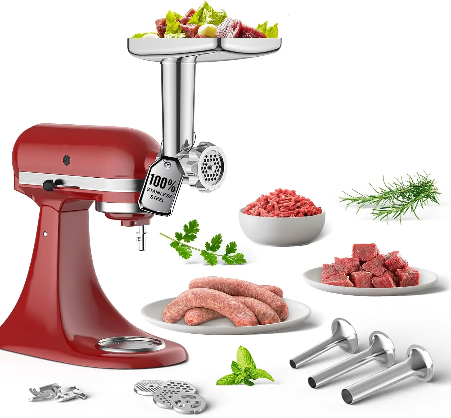 

Meat Grinder Attachment for KitchenAid Stand Mixer, Stainless Steel, 4 Plates, 3 Tubes
