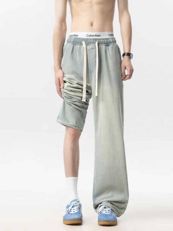 

American Style Ice Silk Straight Leg Jeans Men's Summer Thin Teens Loose Wide Leg Jeans Cleanfit Wear Resistant Polyester Fiber