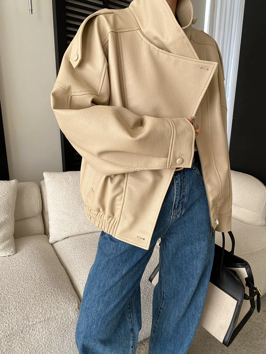 Spring women's casual solid color PU leather stand collar silhouette leather jacket