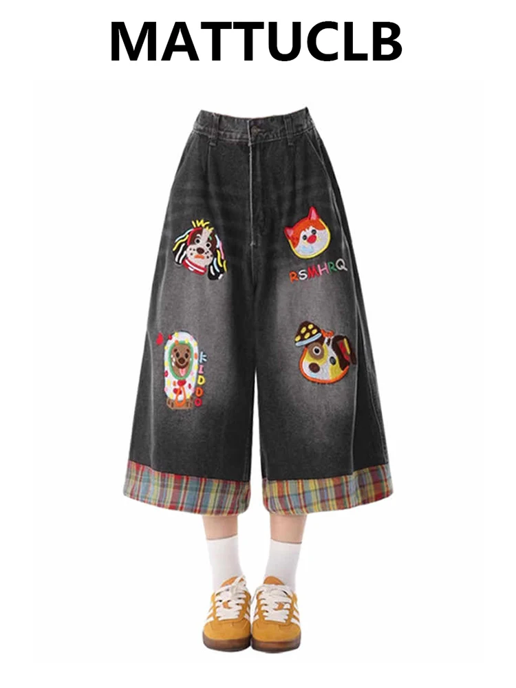Women's American Retro Low Rise Flare Jeans Denim Calf-Length Pants Cartoon Embroidery Japanese Goblin Core Y2k Cowboy Hip-pop