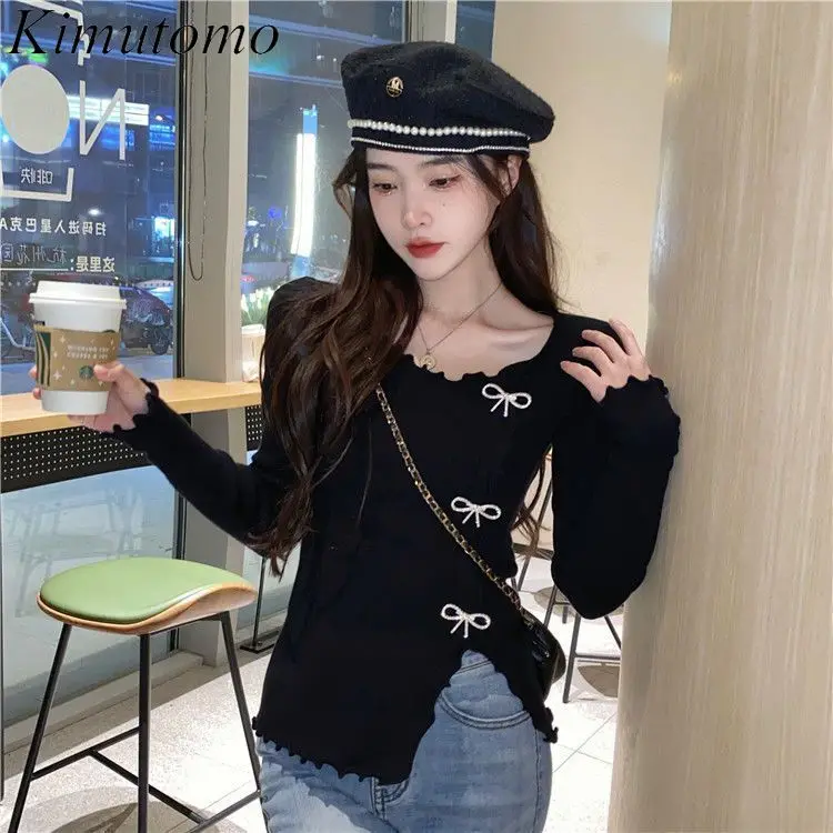 Kimutomo Pure Design Wind Wood Ear Hem Sweater Irregular Design Beaded Bows Elastic Sweaters Korean Solid Color Knit Pullover