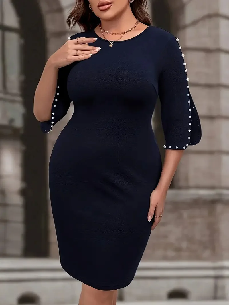 GIBSIE Plus rozmiar perła frezowanie O-Neck 3/4 rękaw sukienka damska wiosna lato eleganckie solidne biurowa, damska Bodycon krótkie sukienki