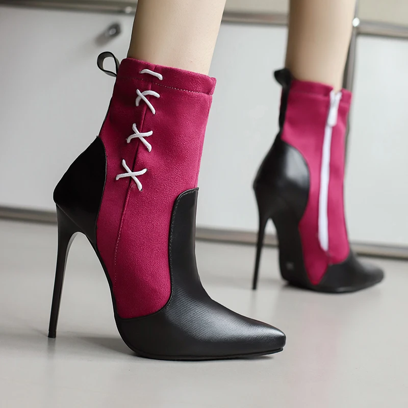 

Плюс размер, матовые замшевые лоскутные ботинки из искусственной кожи с острым ультравысоким тонким каблуком и перекрещенным тонким поясом, сексуальные женские короткие ботинки разных цветов на молнии