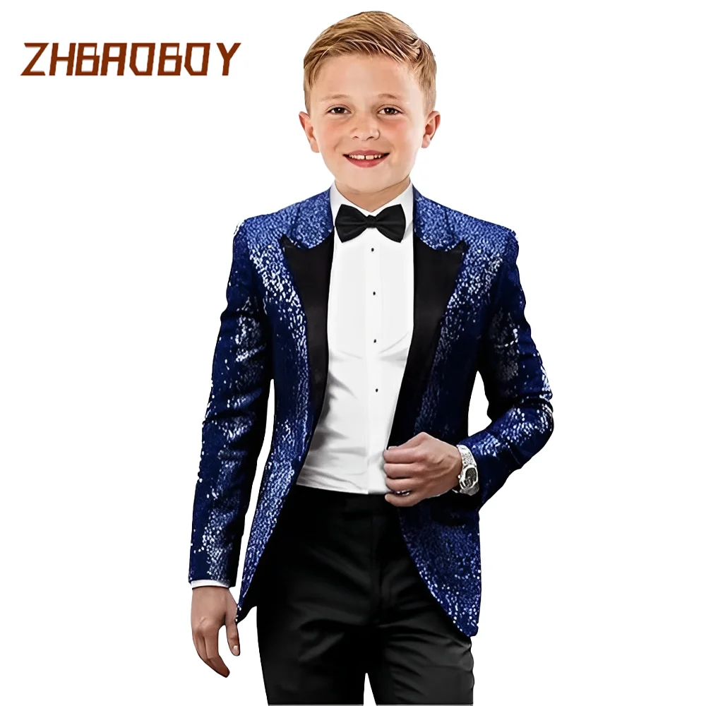 Kids Smoking Pakken voor Jongens Sequin Slim Fit Jurk Kleding Formele 2-delige Prom Party Glanzende Tuxedo Blazer Broek Bowtie
