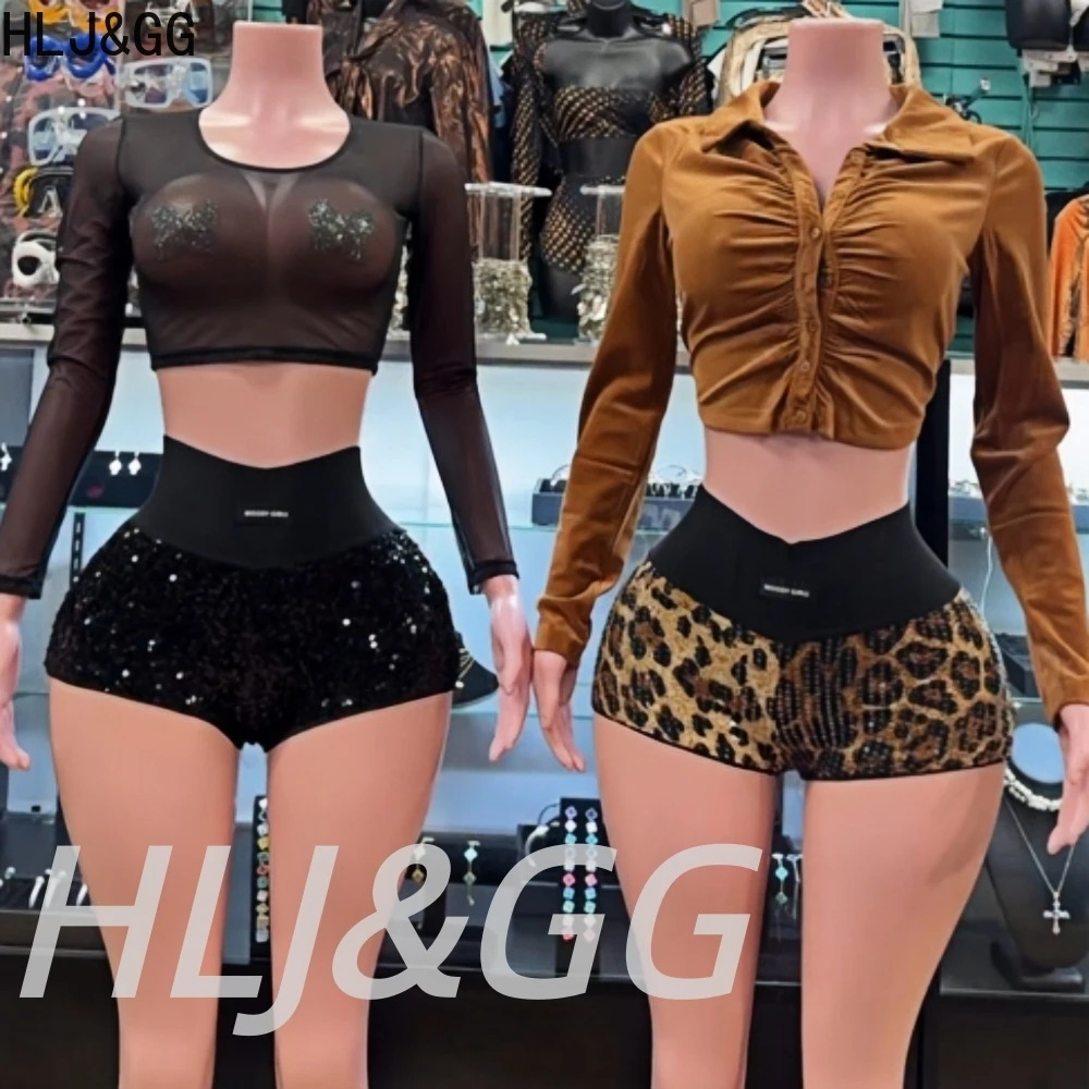 HLJ&GG Sexy Rhinestone Letter Mesh Tshirts Two Piece Sets Women Round Neck Long Sleeve Crop Top And Shorts Outfits Streetwear