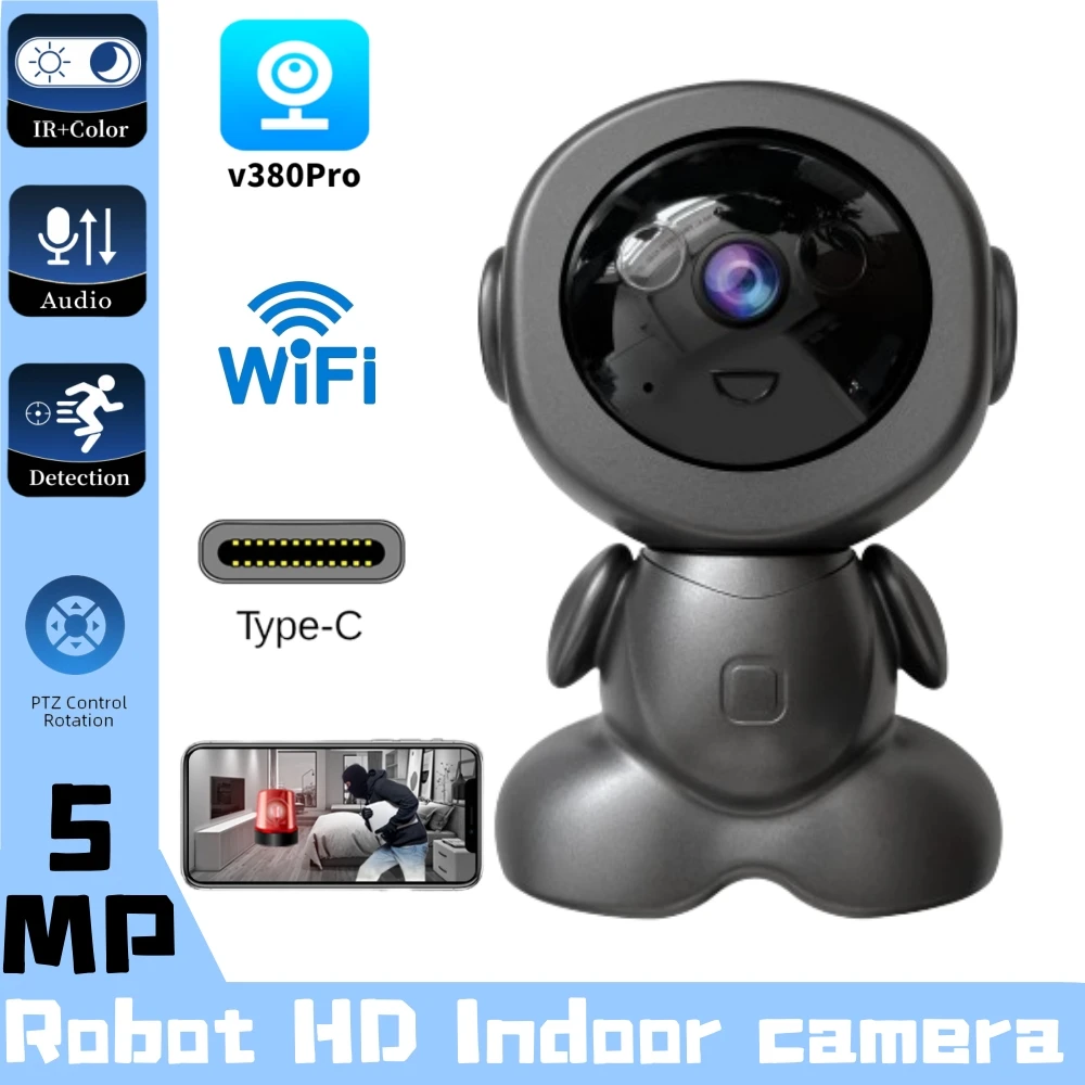 5MP Wifi Surveillance Robot Camera PTZ Security Baby Monitor Two Way Audio Color Night Vision Home IP Cameras AI Smart Tracking