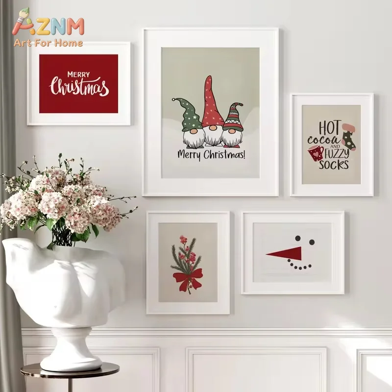 AZNM Cute Cartoon Christmas Element Canvas Poster, Frameless Gnome Cat Reindeer Snowflake Holiday Print Wall Art For Festive Liv