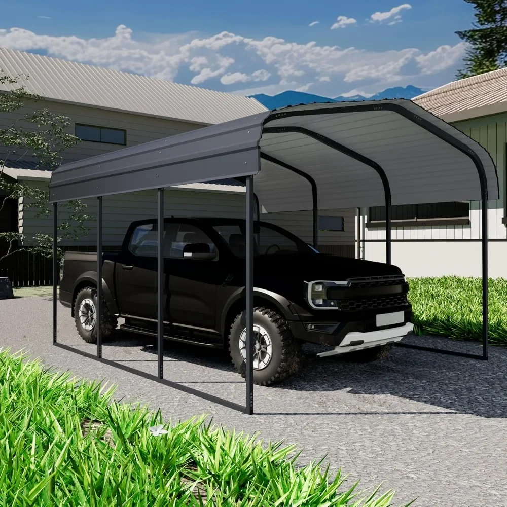 10 × 15 FT heavy-duty carport kit, metal garage carport roof with galvanized steel roof and frame, charcoal black