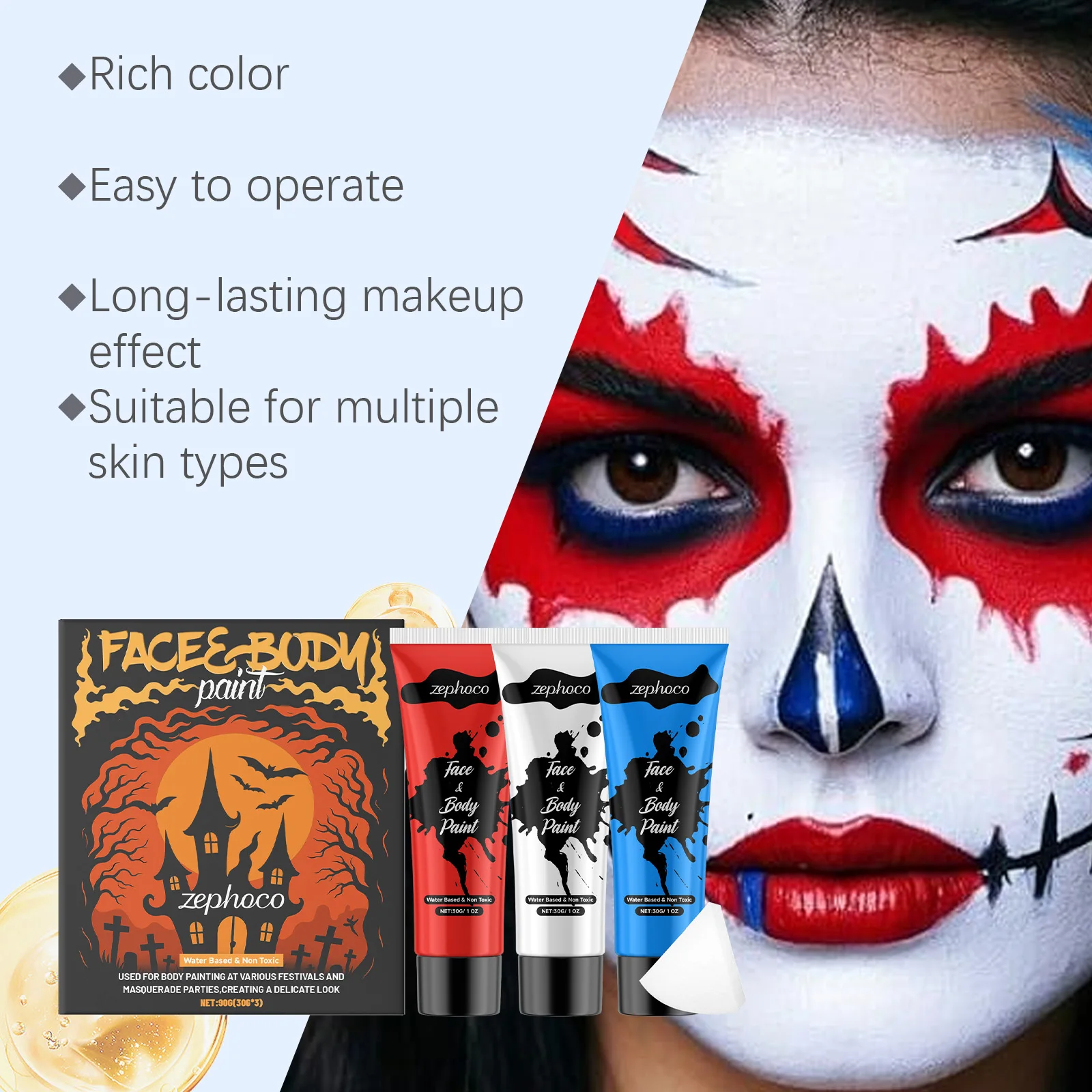 Kit di pittura per il viso e il corpo di Halloween per feste di compleanno di Halloween Trucco scenico Pittura creativa Trucco di colori ricchi Regalo di Halloween 90g