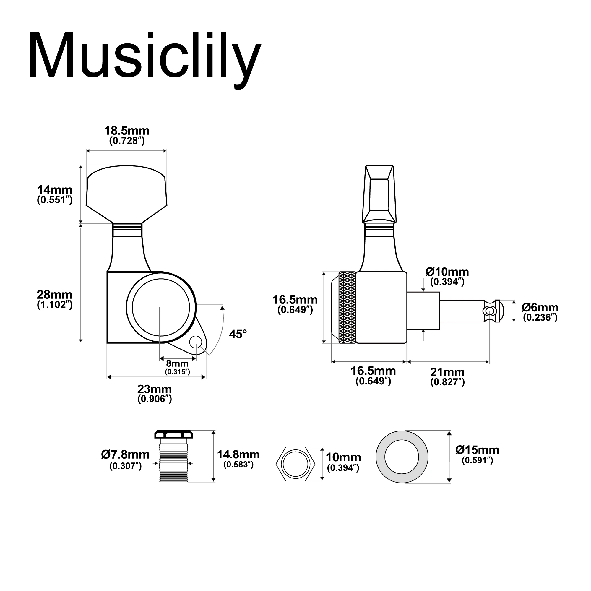 Musiclily Pro R18K 6L/3R3L/6R 18:1 Übersetzungsverhältnis Vollständig Versiegelte Mechaniken Stimmwirbel für ST Tele Akustikgitarre – Detail 30