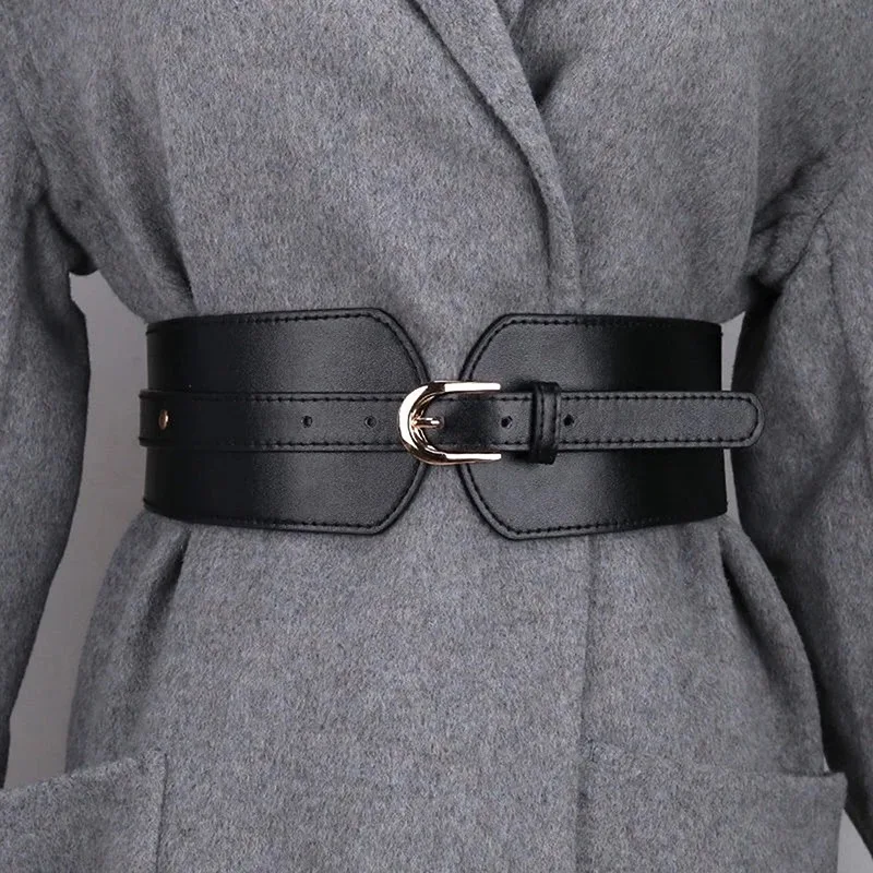 Fashion Elastic Wide Belt Strap Vintage Women Faux Leather Buckle Elastic Wide Belt Strap Solid Color Waistband