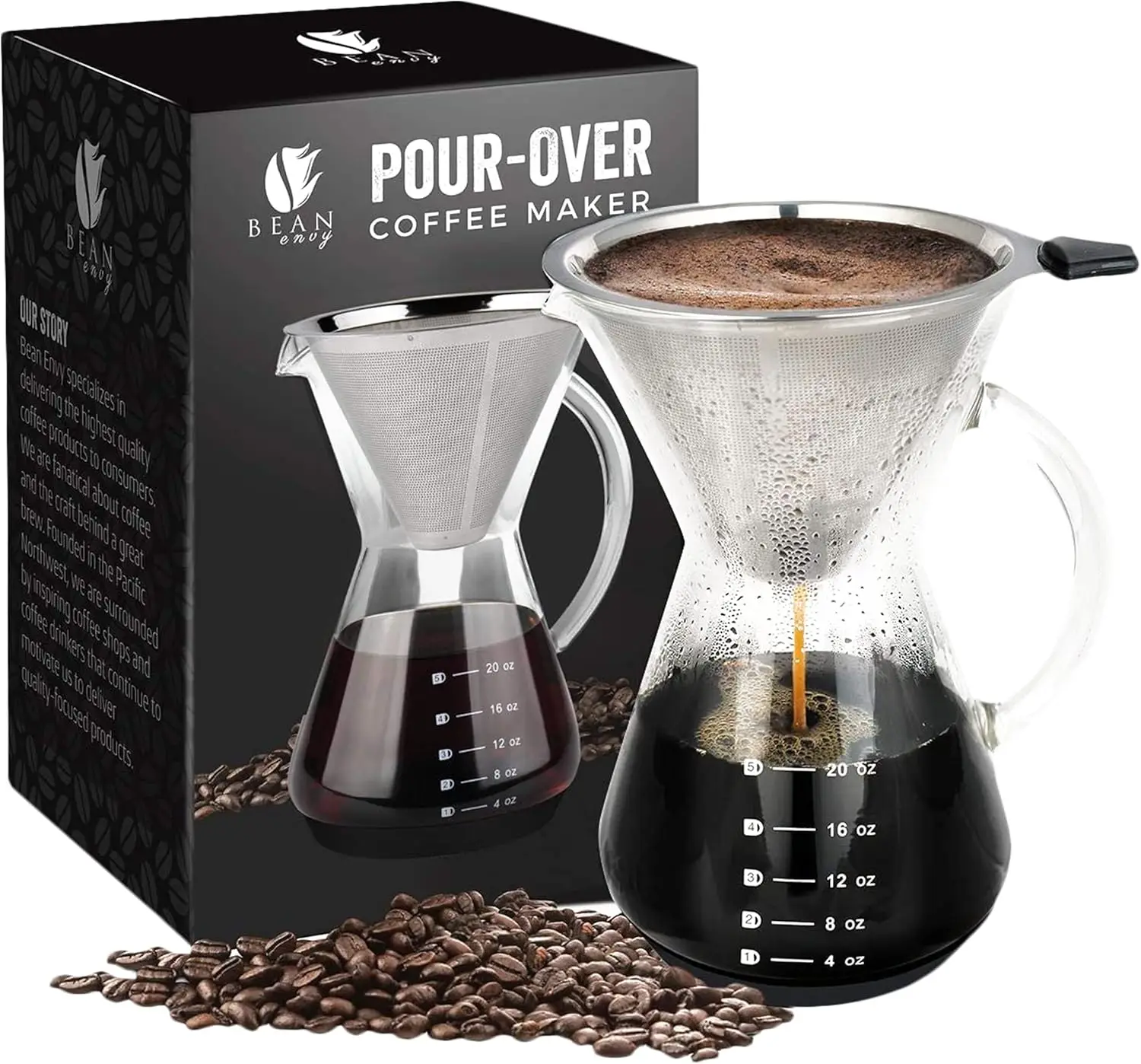 

Pour Over Coffee Maker, High-Heat Borosilicate Glass with Reusable Stainless Steel Filter, Glass Coffee Maker (20 Oz)