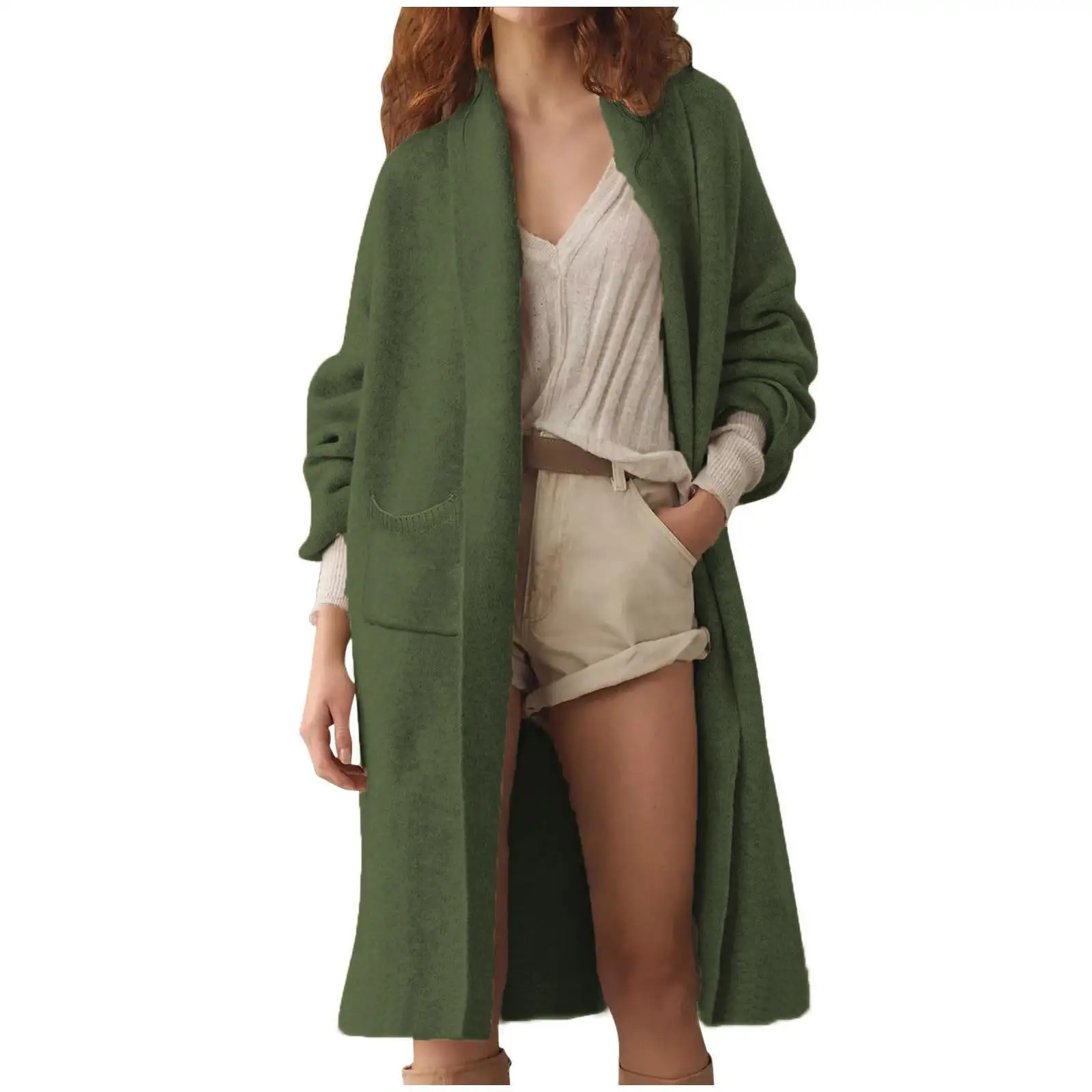 

Свободный длинный вязаный кардиган с карманами, осенне-зимняя новинка, женский модный свитер из средненежного ацетатного волокна