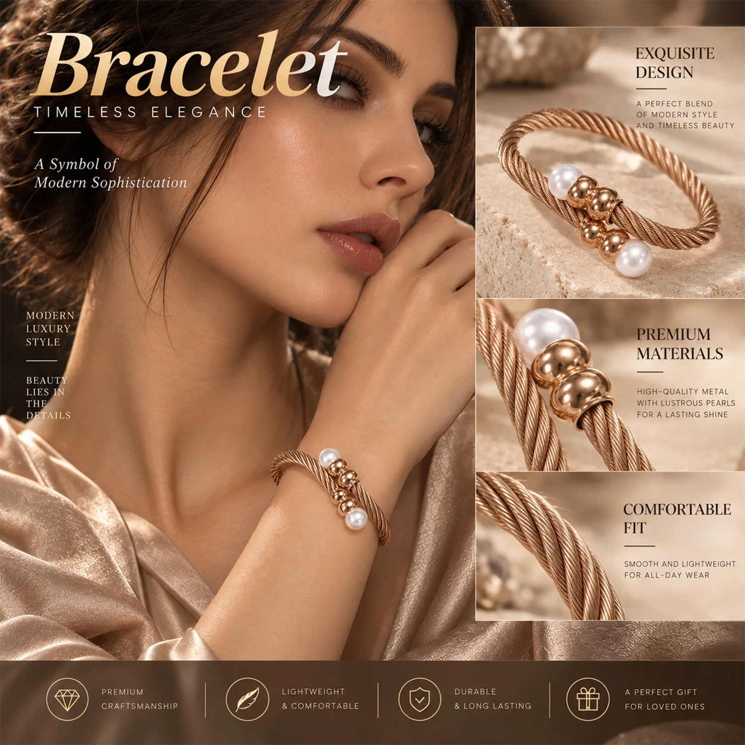 Twisted Cable Open Cuff Bangle for Women Two End Pearl Decor Wide Statement Bangle Fashion Adjustable Opening Wrist Jewelry Dail