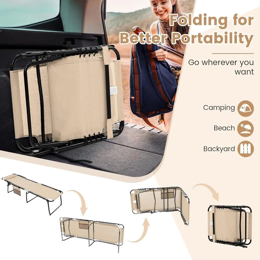 Beach Lounge Chair for Outside, Folding Chaise Lounge Outdoor with 4-Position Backrest, Removable Headrest and Side Pocket, Port